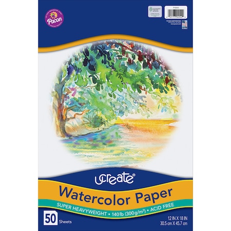 Ucreate Watercolor Paper, White, 140 lb., 12in x 18in, PK50 P4944